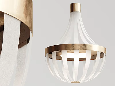 Elegant Modern White And Gold Chandelier With Striped Lampshade And Metal Frame 3d model
