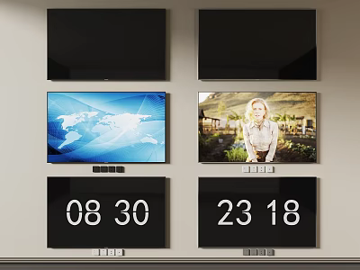 Wall Mounted TVs Displaying Map Video And Time On Wall 3d model
