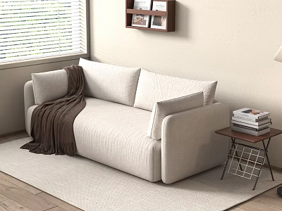 Two Seater Sofa with Brown Blanket Side Table Books Lamp and Window Blinds on Rug 3d model