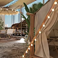 Tropical Outdoor Bar With String Lights Large Leaf Plants And Arched Design 3d model