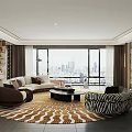 Elegant Modern Living Room Interior With White Sofa Round Striped Rug And Bookshelf