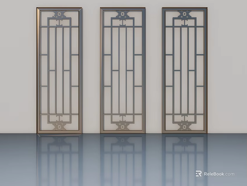 Three Modern Swing Doors with Intricate Grille Patterns and Metal Frame Design 3d model