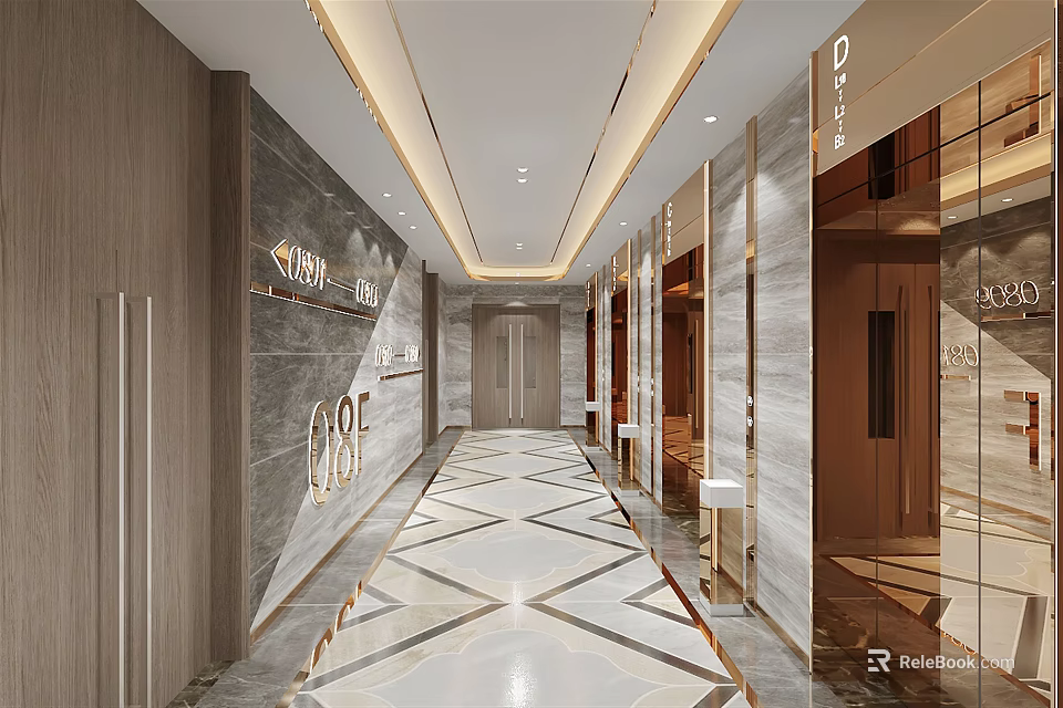 Modern Elevator Corridor With White And Gold Marble Floor Recessed Lighting And Wooden Panel Walls 3d model 