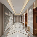 Modern Elevator Corridor With White And Gold Marble Floor Recessed Lighting And Wooden Panel Walls