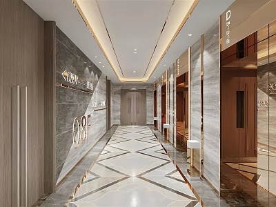 Modern Elevator Corridor With White And Gold Marble Floor Recessed Lighting And Wooden Panel Walls 3d model