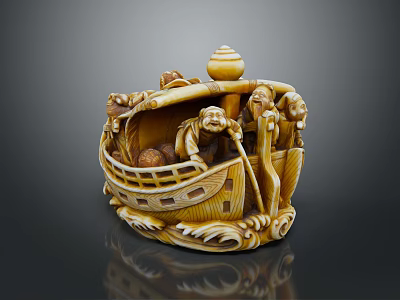Exquisite Carved Boat Shaped Sculpture Featuring Human Figures And Wave Patterns 3d model