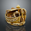 Exquisite Carved Boat Shaped Sculpture Featuring Human Figures And Wave Patterns