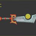 Decorative Sword With Red Circular Handle Yellow Letter E Silver Blade And Ornate Design