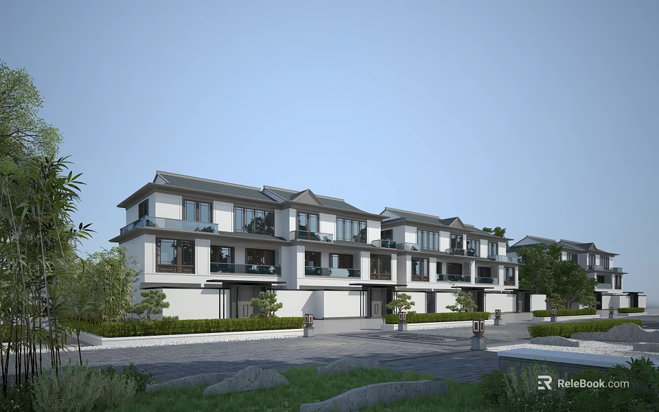 Modern Chinese Townhouse Exterior With Traditional Roof Design And Landscaped Gardens 3d model 