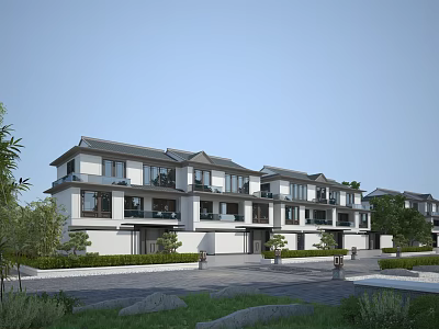Modern Chinese Townhouse Exterior With Traditional Roof Design And Landscaped Gardens 3d model
