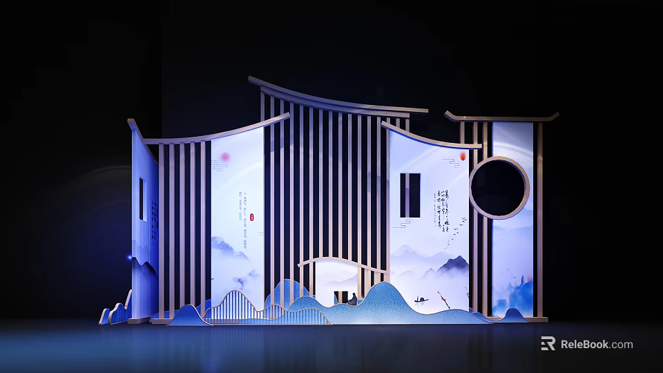 Chinese Style Decorative Screen With Wooden Frame Blue Landscape Patterns And Circular Design 3d model