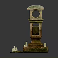 Traditional Sculpture Carving Featuring Green Roof Multi Tiered Structure And Base Small Candle Like Objects
