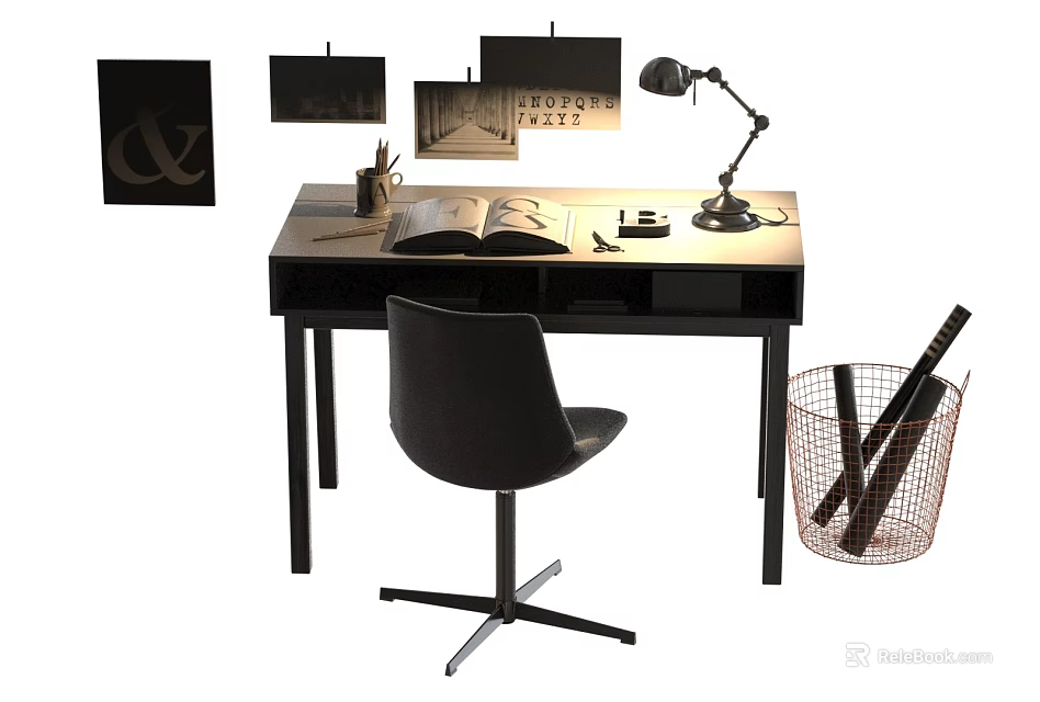 Modern Home Office Desk With Lamp Books Stationery Chair Basket And Decorative Paintings 3d model 