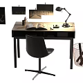 Modern Home Office Desk With Lamp Books Stationery Chair Basket And Decorative Paintings