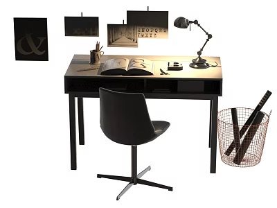 Modern Home Office Desk With Lamp Books Stationery Chair Basket And Decorative Paintings 3d model