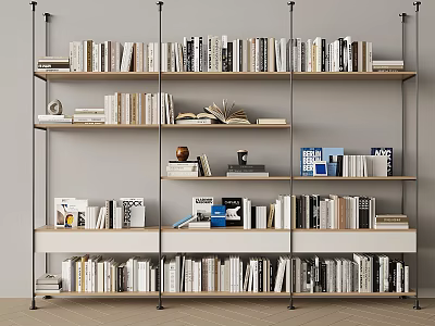 Modern Open Bookshelf Design With Multiple Wooden Shelves Books And Decorative Items 3d model