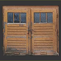 Vintage Orange Wooden Double Doors With Glass Panes And Worn Weathered Texture