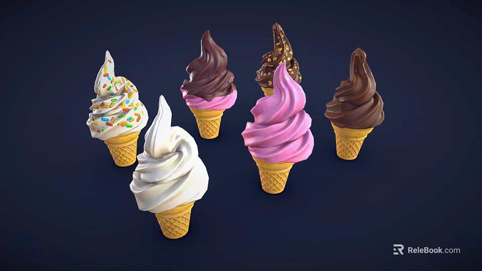 Colorful Assorted Ice Cream Cones With Vanilla Chocolate Strawberry Flavors And Sprinkles 3d model 