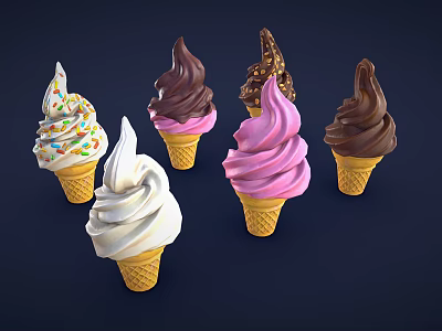 Colorful Assorted Ice Cream Cones With Vanilla Chocolate Strawberry Flavors And Sprinkles 3d model