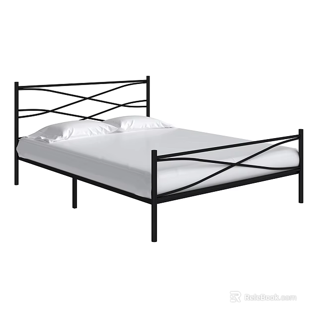 Black Metal Double Bed Frame With Crisscross Headboard Footboard White Mattress And Pillows 3d model 