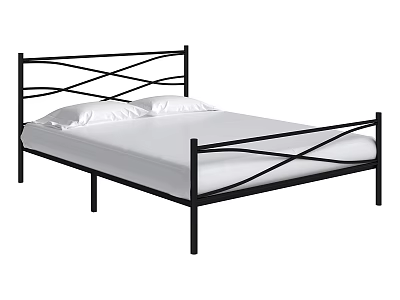 Black Metal Double Bed Frame With Crisscross Headboard Footboard White Mattress And Pillows 3d model