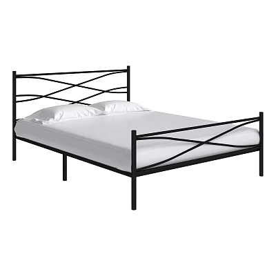 Black Metal Double Bed Frame With Crisscross Headboard Footboard White Mattress And Pillows 3d model