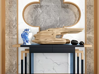 Console Table with Marble Wall Circular Frame Blue White Vase Wooden Sculpture and Black Ornaments 3d model