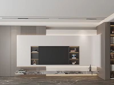 Modern Living Room Interior Design With TV Wall Shelves And Marble Countertop 3d model