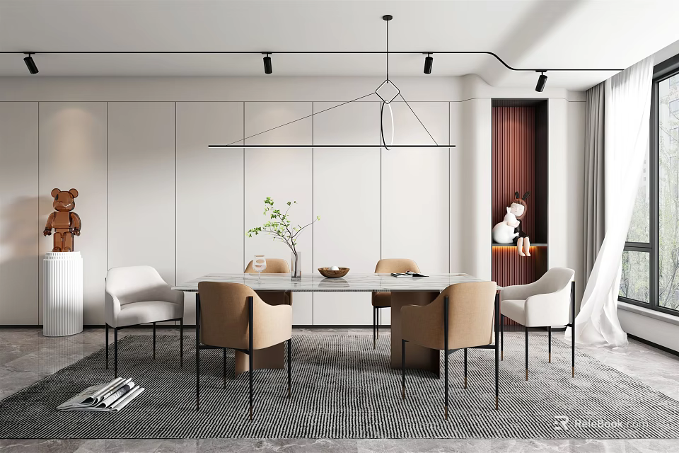 Modern Open Restaurant Interior With Dining Table Chairs And Pendant Lights 3d model 