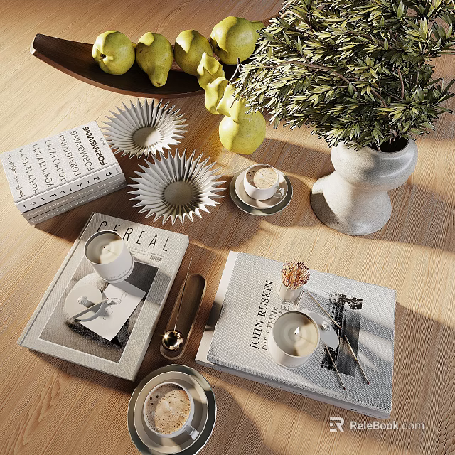 Decorative Ornament Set With Books Candles Metallic Decor Green Plant And Yellow Pears On Wooden Table 3d model 