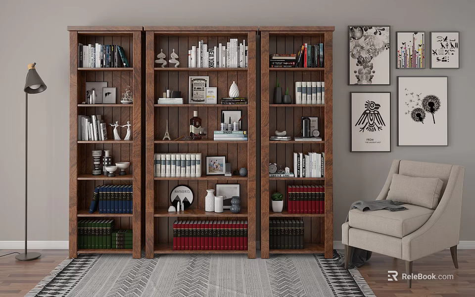 Wooden Bookcase Filled With Books Decorative Items In Living Room With Rug Wall Art 3d model 