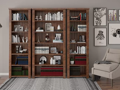 Wooden Bookcase Filled With Books Decorative Items In Living Room With Rug Wall Art 3d model