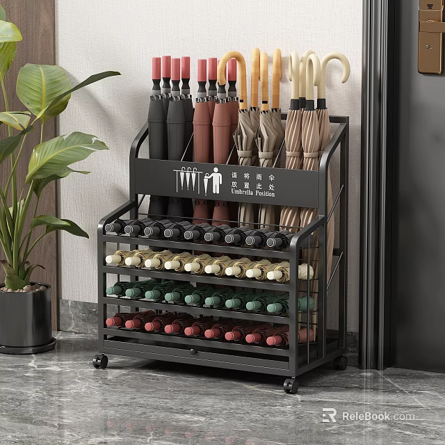 Entryway Multi tier Rolling Storage Rack With Umbrella And Shoe Organizer 3d model 