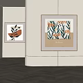 Two Abstract Paintings With Floral Patterns In Wooden Frames For Modern Interior Decor 3d model