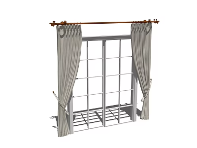 Simple Pleated Gray Curtains Draped Over Window With Wooden Curtain Rod 3d model