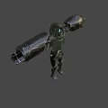 Game Movie Character With Green Hooded Cloak Glowing Eyes And Mechanical Arms With Triangle Symbol