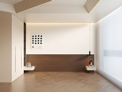 Minimalist Interior Space With Wooden Accents Herringbone Flooring And Wall Decor 3d model
