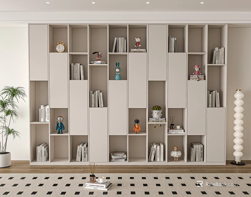 Modern Bookcase Design Featuring Multiple Compartments Books Decorative Items And Green Plants 3d model 