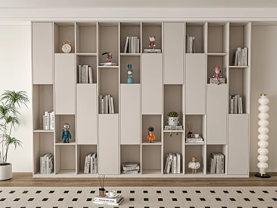 Modern Bookcase Design Featuring Multiple Compartments Books Decorative Items And Green Plants 3d model