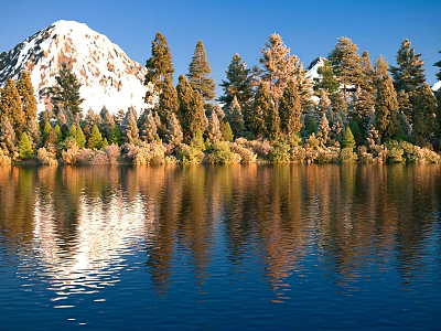 Majestic Mountain Lake With Snowy Peaks Lush Forest And Clear Water Reflections Under Blue Sky 3d model