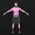 Woman Wearing Pink Sweater Black Pleated Skirt And Brown Boots With Arms Outstretched Black Background