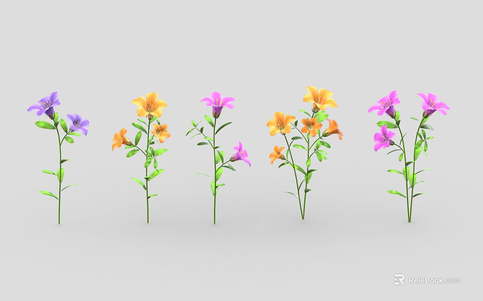 Vibrant Colored Flowers With Green Leaves Arranged Neatly Against Grey Background 3d model 