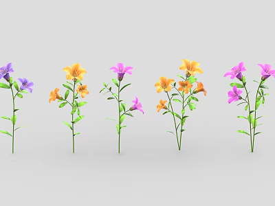 Vibrant Colored Flowers With Green Leaves Arranged Neatly Against Grey Background 3d model