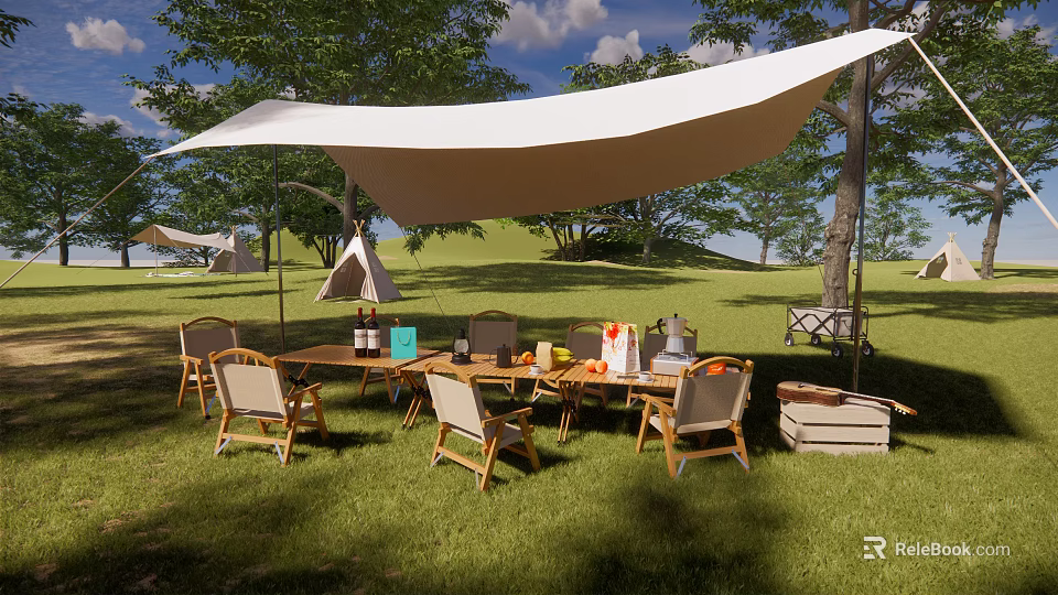 Garden Landscape With Green Grass Trees White Canopy And Outdoor Dining Setup 3d model 