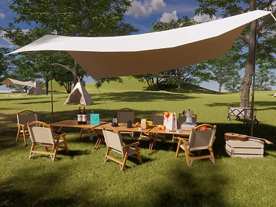 Garden Landscape With Green Grass Trees White Canopy And Outdoor Dining Setup 3d model