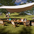 Garden Landscape With Green Grass Trees White Canopy And Outdoor Dining Setup