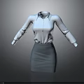White Collared Long Sleeve Shirt With Light Blue Knee Length Skirt Professional Formal Outfit