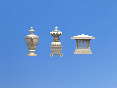 White Ornamental Architectural Components Featuring Elaborate Finials Carved Patterns And Lattice Roof Structure 3d model