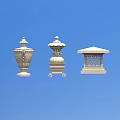 White Ornamental Architectural Components Featuring Elaborate Finials Carved Patterns And Lattice Roof Structure