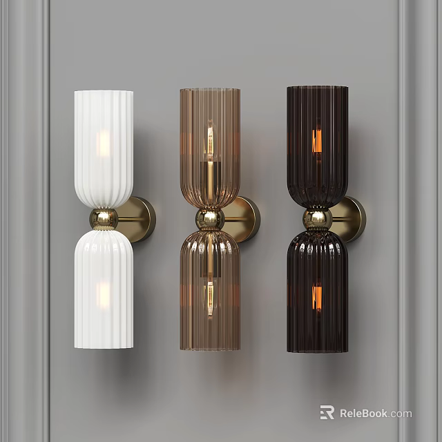 Three Modern Wall Lamps With Ribbed Glass Shades And Brass Bases On Grey Wall 3d model 